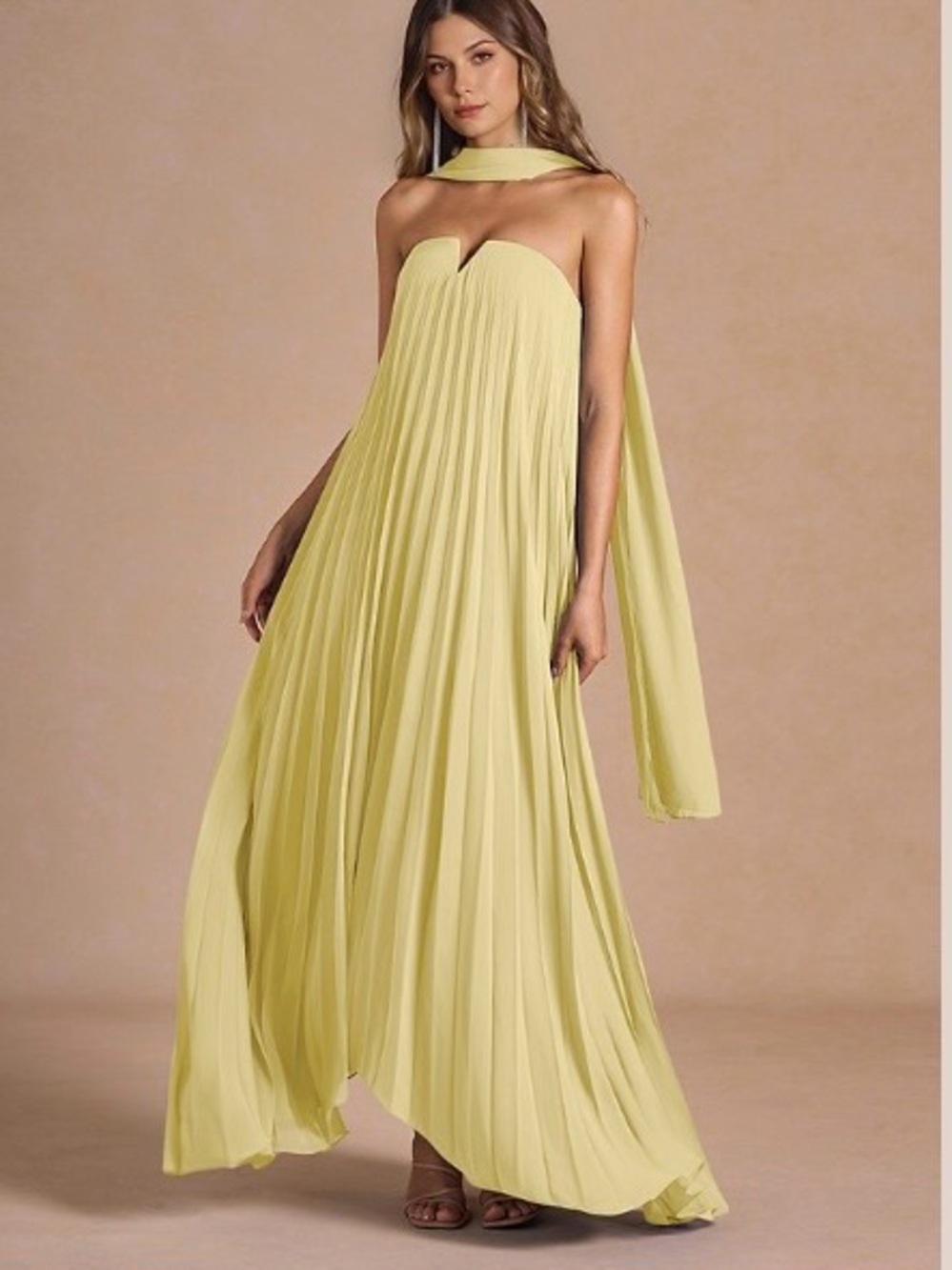 Azazie Strapless Pleated Maxi Dress with Scarf - Light Yellow